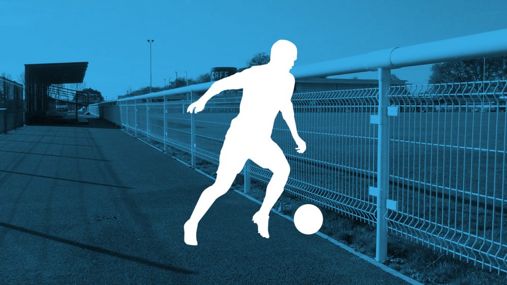 Our blue branded barriers banner with silhouette of football player